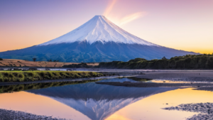 Mount Taranaki with a reflection of the sun